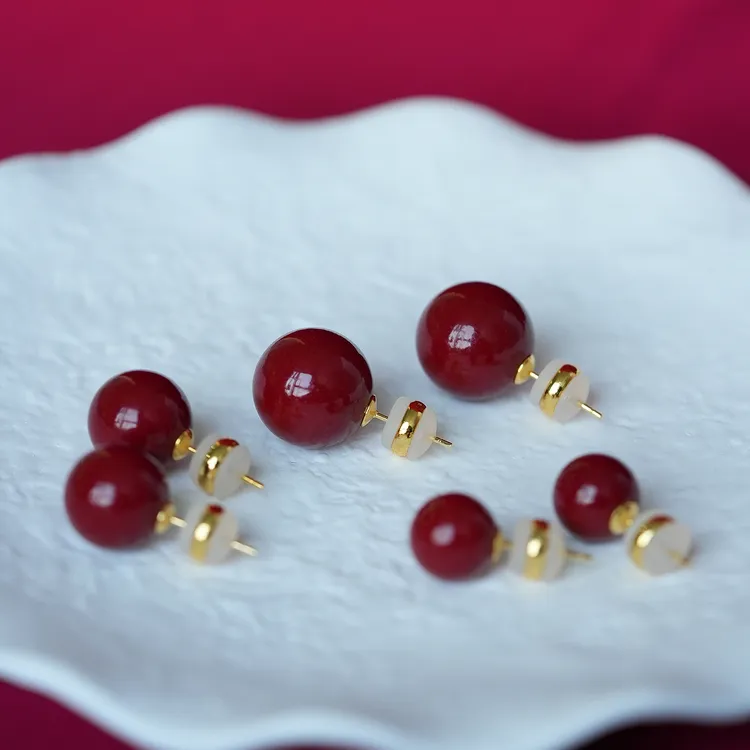 丽沁 925银耳饰 气质复古红色珠珠耳钉简约百搭女款本命年耳饰