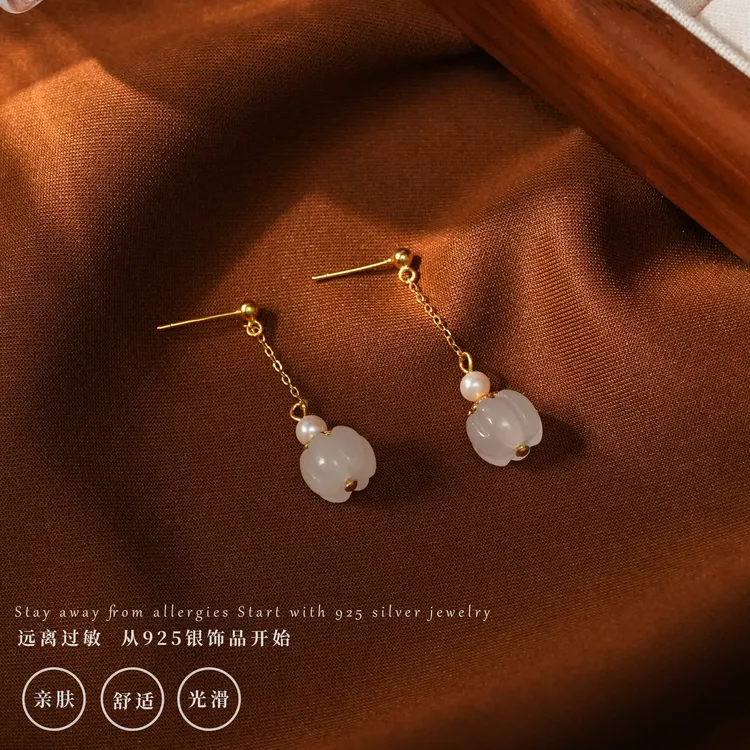 丽沁 925银耳饰 国风高级感南瓜珠珠耳钉女简约流苏耳环