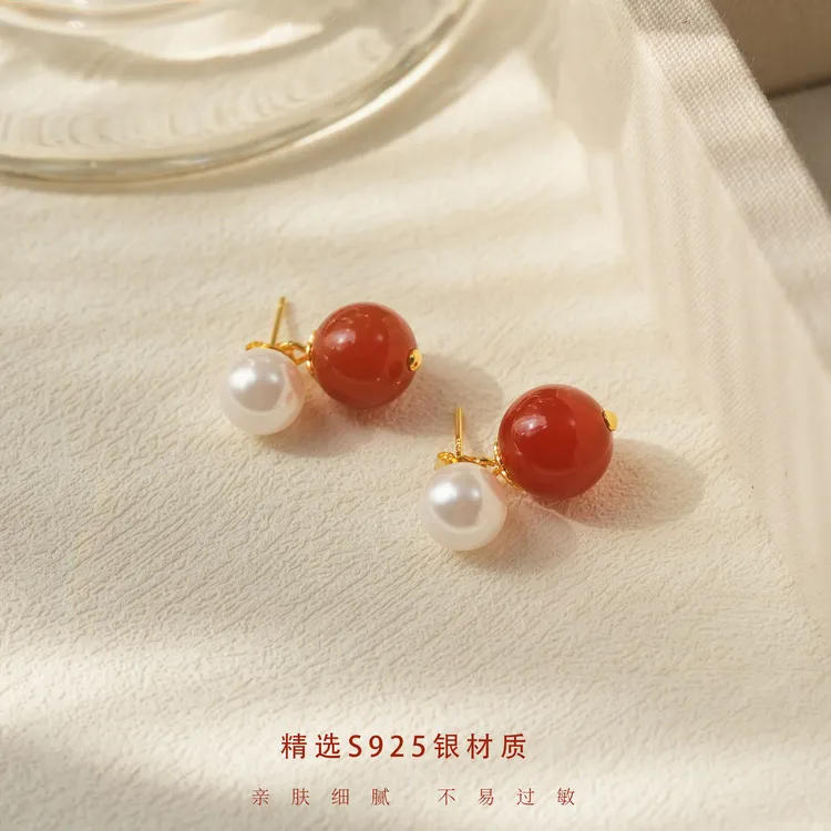 925银耳饰 优雅红色珠珠银耳钉旗袍国风耳饰百搭小众复古耳环