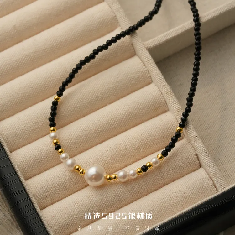 丽沁 链子925银 黑色串珠项链气质简约优雅颈链轻奢高级感锁骨链