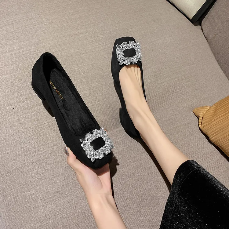 高级感水钻方头绒面通勤工作鞋女秋冬季黑色软底粗跟职业上班单鞋