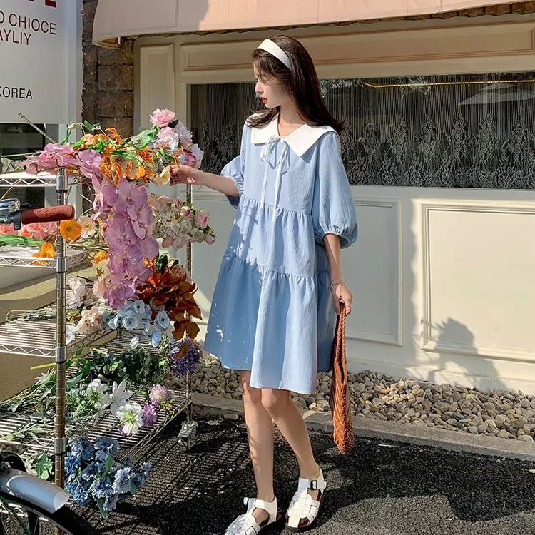 浅蓝连衣裙女2025新款韩版宽松显瘦泡泡袖小个子娃娃海军领仙女裙