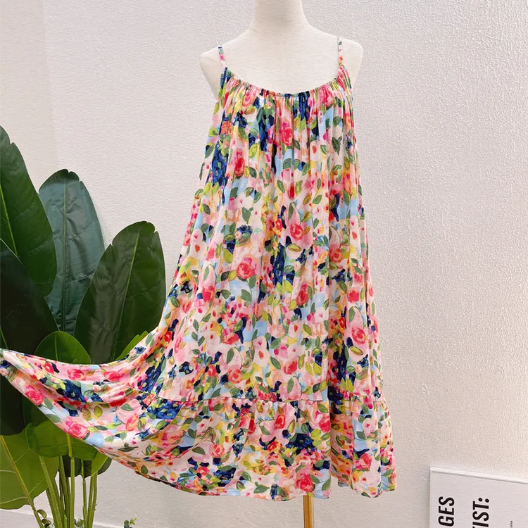 棉绸人造棉吊带睡裙女士夏透气凉快大码胖M薄款舒适印花家居服新