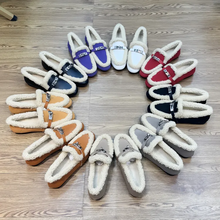 凯莉扣毛毛鞋女秋冬季外穿豆豆鞋加绒乐福鞋真皮棉鞋平底单鞋
