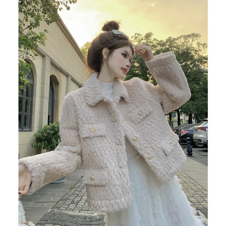 实拍 秋冬新款小香风羊羔毛加绒加厚毛毛外套女淑女气质
