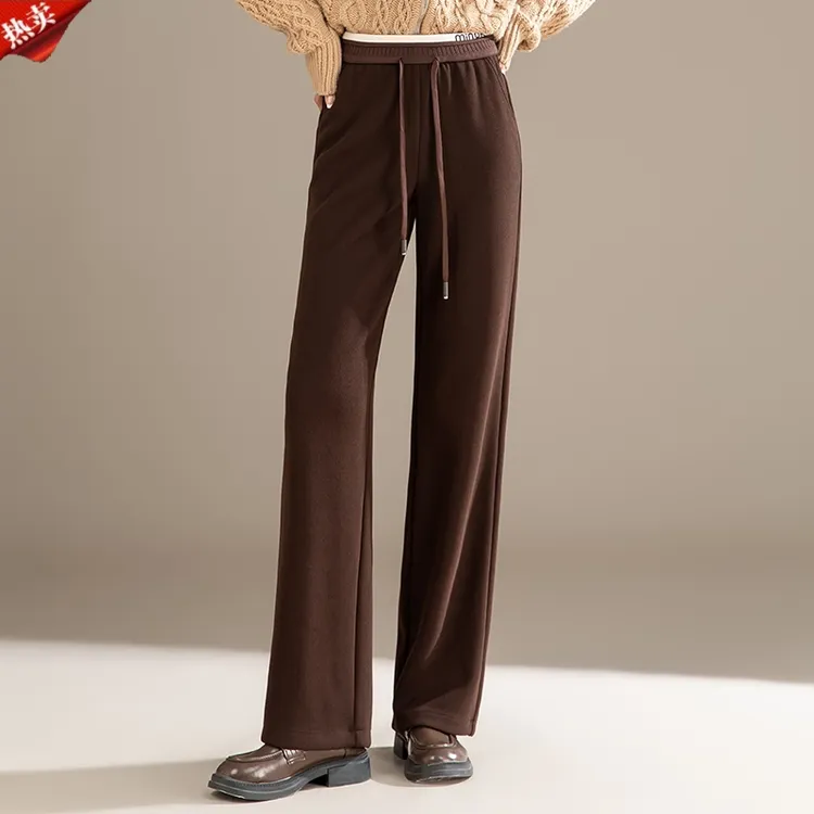 哥弟阿玛施正秋冬新款毛呢阔腿裤女时尚高腰休闲显瘦筒喇裤长裤子