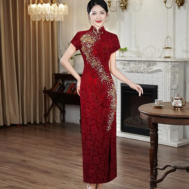 枣红色出阁宴喜妈妈敬酒服旗袍 新款婚礼喜婆婆长款高端绣花礼服