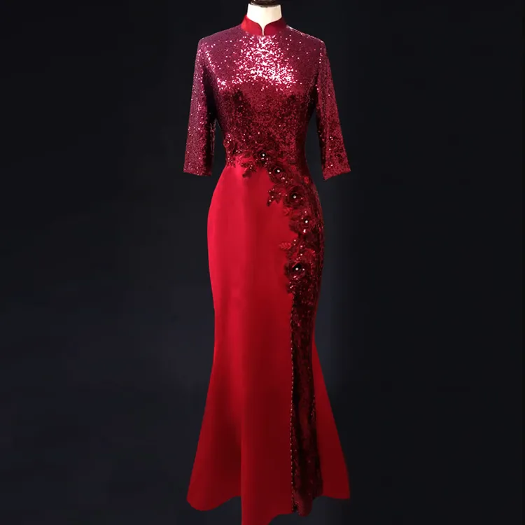 婚礼出阁宴喜妈妈新中式改良婚庆鱼尾高端旗袍上台年轻礼服连衣裙
