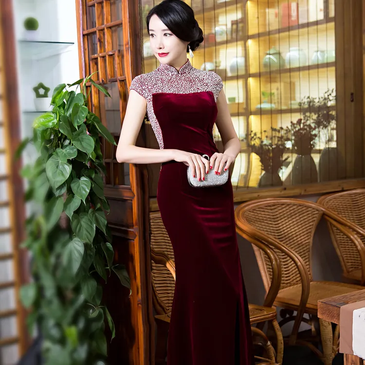 高级感丝绒修身中国风春夏旗袍长款鱼尾走秀婚宴妈妈高贵喜旗袍