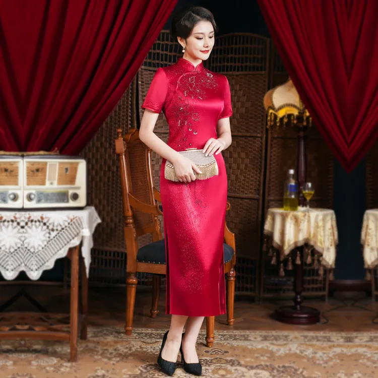 中袖中长款绣花立领盘扣修身旗袍 喜婆婆敬酒中式显高醋酸缎礼服