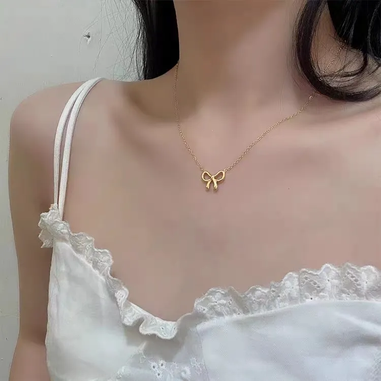 OULLEN 钛钢项链 不掉色蝴蝶结锁骨链女小众简约ins百搭吊坠饰品