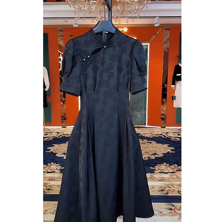 夏季新中式改良旗袍高端精致气质高级感黑色盘扣提花连衣裙子