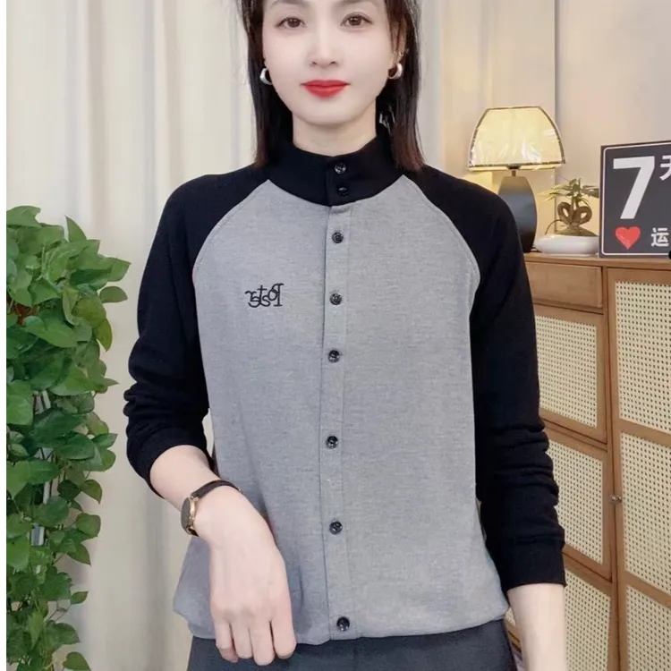 510秋冬新款韩版拼色长袖双面绒半开立领套头衫