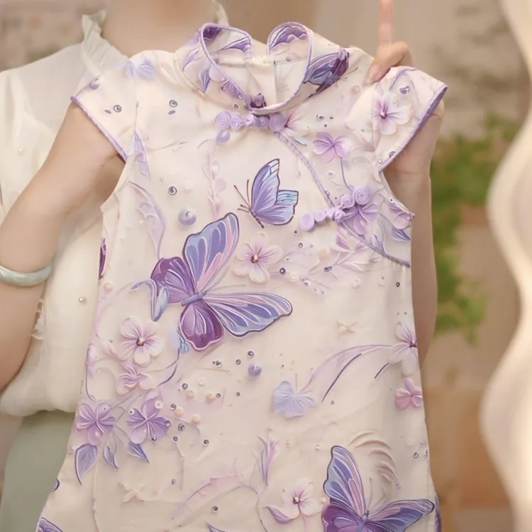 儿童旗袍新款国风洋气紫色蝴蝶中式夏季改良连衣裙民族风夏款气质