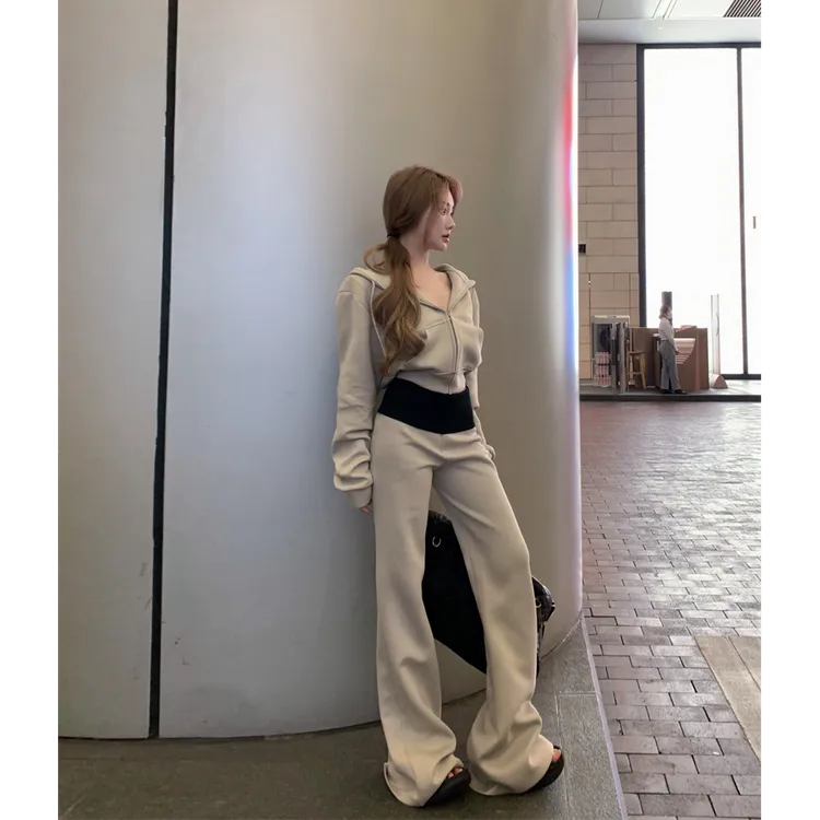 加绒加厚套装慵懒连帽长袖卫衣外套春季撞色微喇叭裤小个子两件套