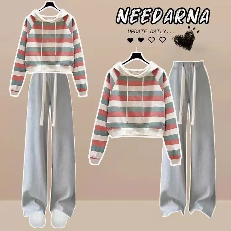 春秋12小学生初中13五六年级15大童16少女18岁条纹卫衣阔腿裤套装