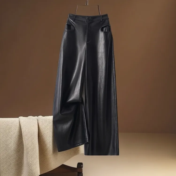 海宁真皮皮裤女2025秋冬款高腰时尚薄绒绵羊皮百搭阔腿裤大码长裤