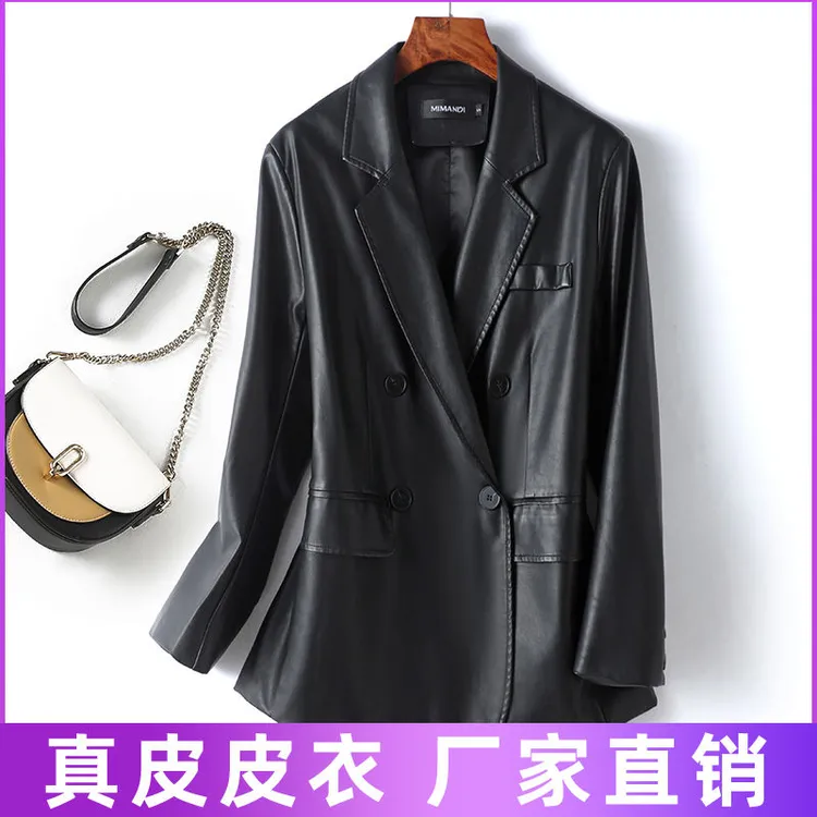 海宁皮衣外套秋季新款加棉短款阔版绵羊皮休闲小西装真皮外套女款