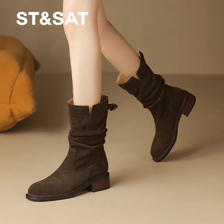 St&Sat/星期六网红粗跟中筒靴秋冬新款黑色堆堆靴西部牛仔女靴子