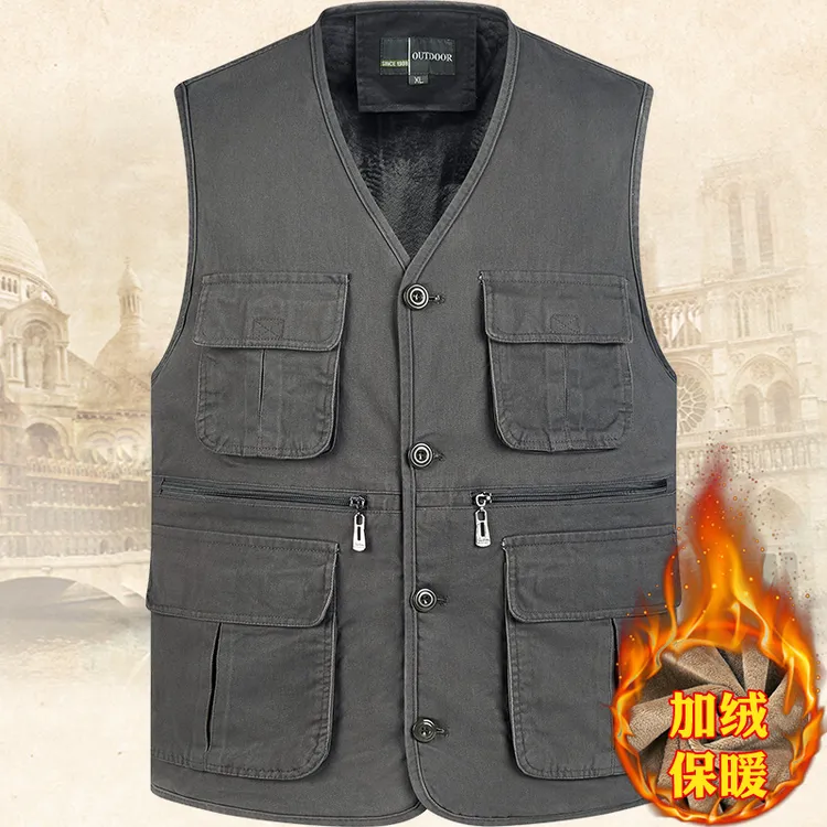 加绒加厚宽松大码男式马甲中老年纯棉多口袋冬季保暖背心爷爷坎肩