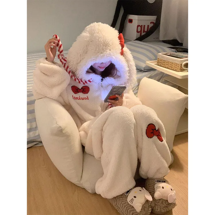 【软糯小兔】连帽连体衣珊瑚绒睡衣女冬款新款毛绒绒家居服保暖套装