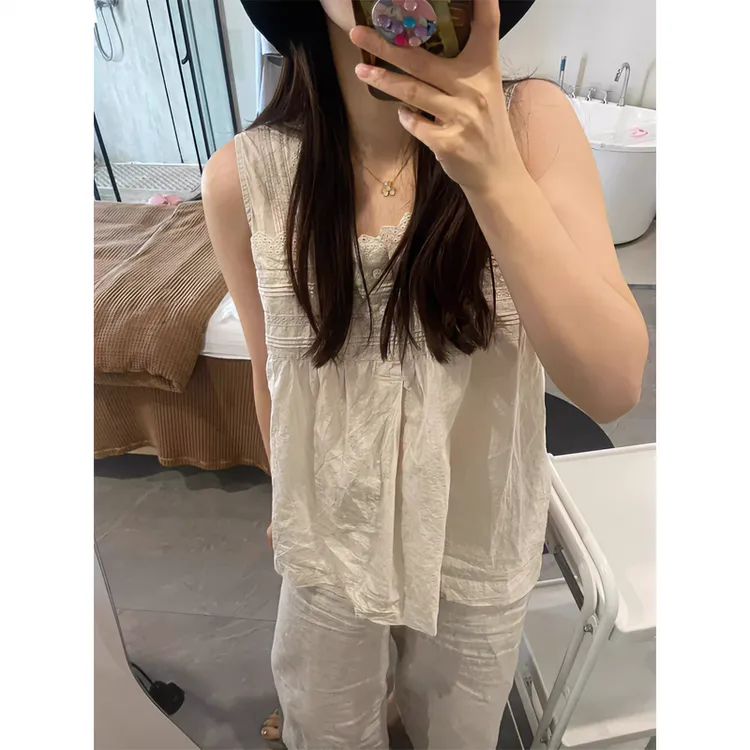 法式宫廷风蕾丝边白色睡衣女夏季新款无袖背心吊带长裤家居服套装