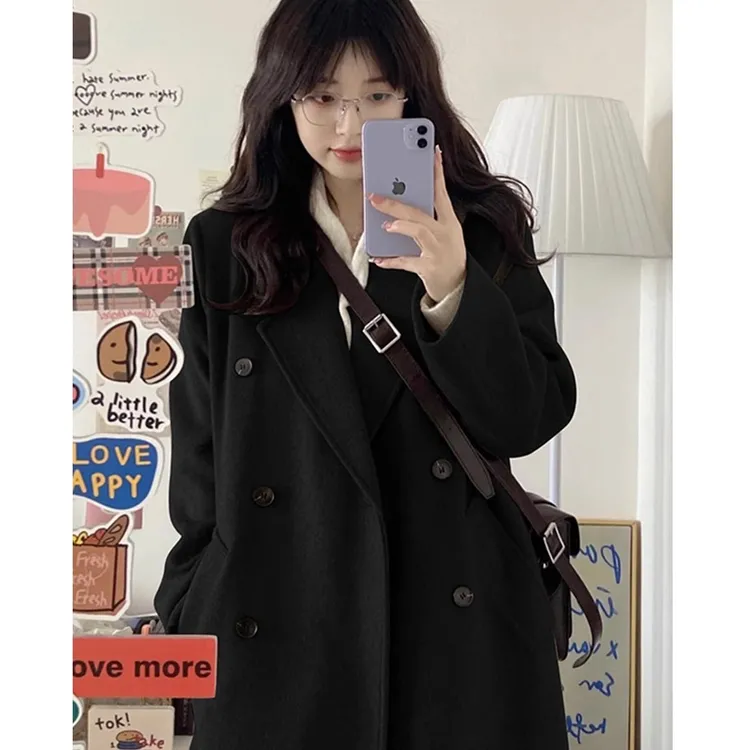 黑色双面呢子大衣女韩版宽松2025秋冬赫本风高级感小个子毛呢外套