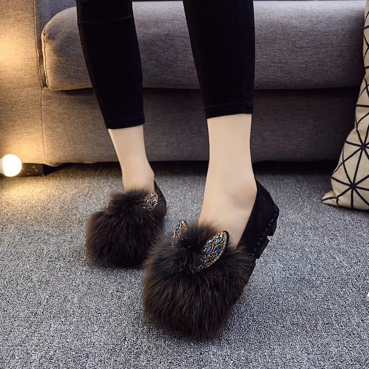 秋冬新款女士毛毛鞋真毛毛潮鞋水钻加绒外穿棉鞋厚底保暖豆豆瓢鞋