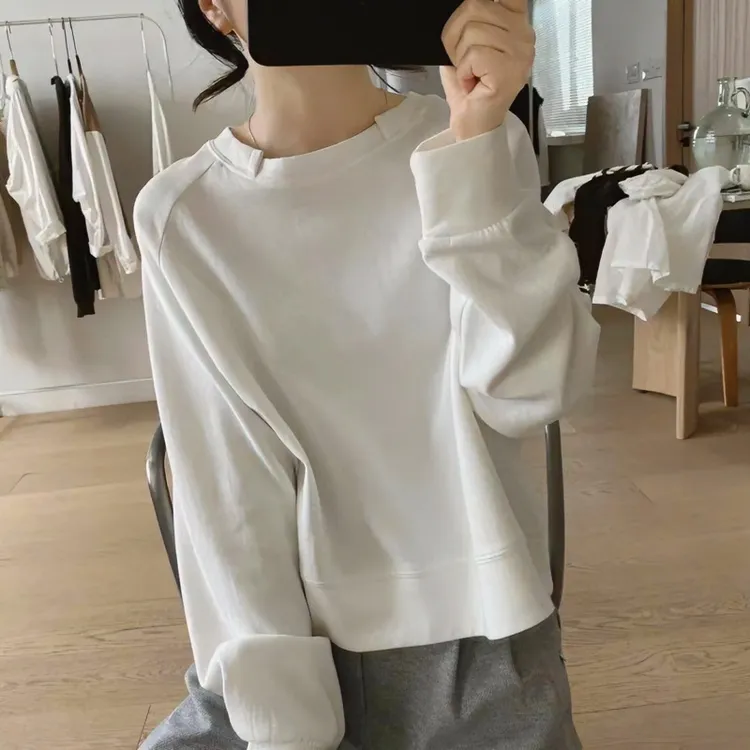 2025春秋新款甜美小众褶皱圆领纯色卫衣女减龄百搭女款插肩袖卫衣