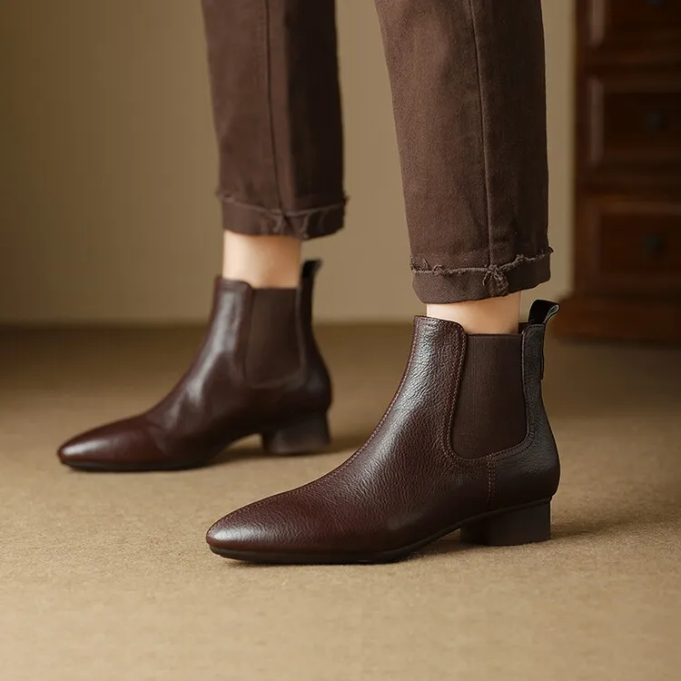 真皮小短靴切尔西靴优雅气质短靴粗跟厚底防滑