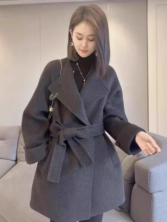 TG【本初上新】气质时尚双面大衣带腰带收腰百搭短款毛呢外套-2288