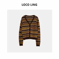 LOCO LING彩色乐章 设计感韩系V领条纹百搭毛衣开衫LOMY13
