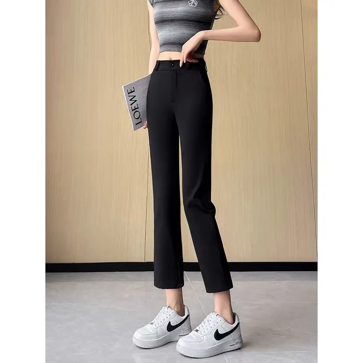 黑色直筒西装裤女春秋新款高腰九分裤显瘦烟管裤休闲后开叉小脚裤