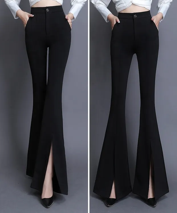 开叉微喇叭裤女春秋新款高腰修身显瘦休闲女裤时尚百搭西装阔腿裤