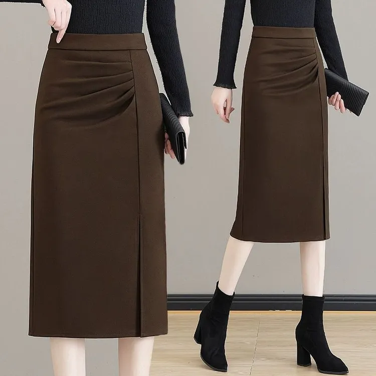 毛呢半身裙女秋冬2025新款高腰显瘦直筒包臀裙中长款开叉一步裙子