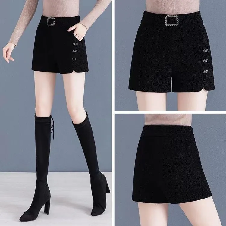 毛呢阔腿短裤女秋冬2025新款高腰显瘦直筒女裤加厚休闲裤外穿靴裤