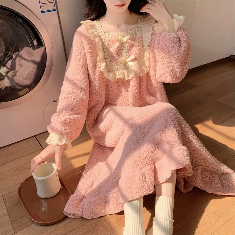 珊瑚绒睡裙女加长加厚加绒冬季保暖过膝睡衣甜美可爱公主风家居服