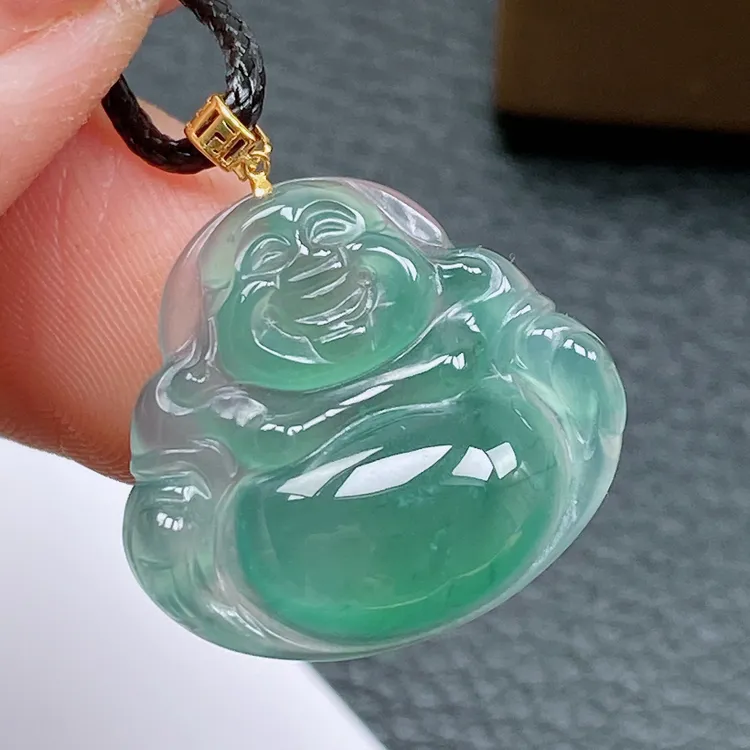 四会天然正品翡翠18K金镶嵌佛公吊坠 2.6g 高冰晴底佛公挂坠 精美