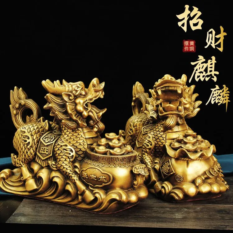 纯铜麒麟摆件聚宝盆麒麟家居装饰一对公母麒麟大号瑞兽