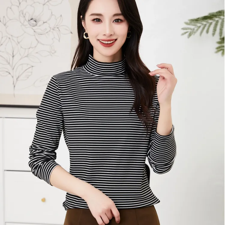 女士条纹德绒洋气内搭半高领打底衫秋冬宽松百搭打底衫女内搭6813
