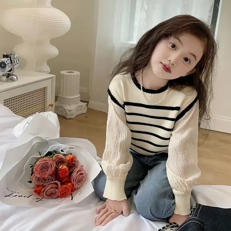 女童春秋爆款假两件针织衫中小童韩版洋气百搭条纹上衣甜美公主风