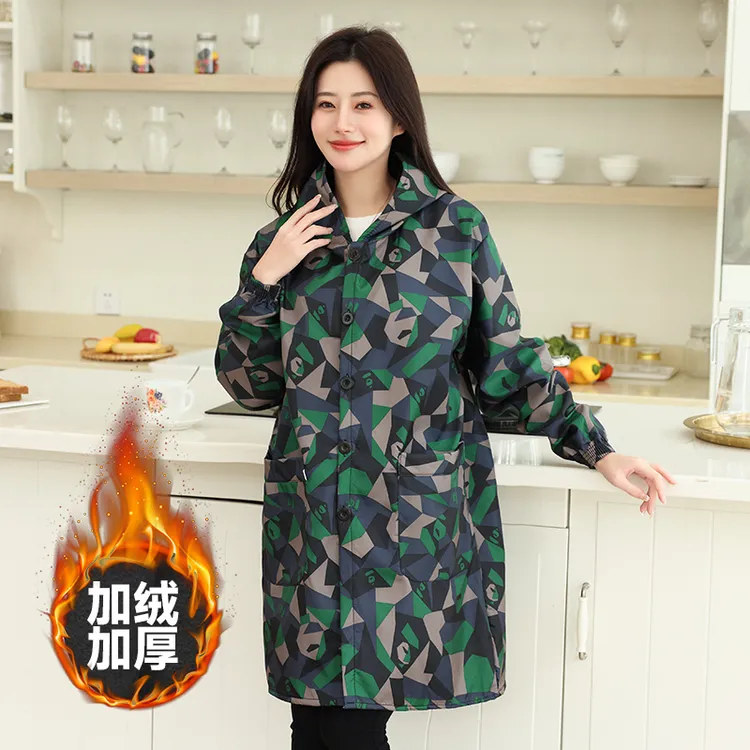加绒罩衣2025年新款爆款秋冬加绒防水罩衣厨房专用围裙工作服外套