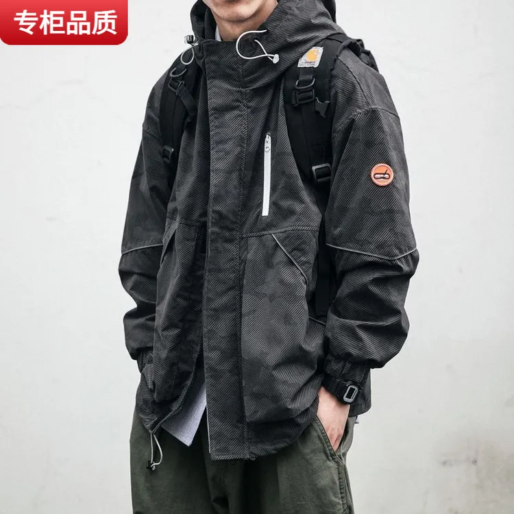 欧美高端秋装宽松迷彩连帽夹克潮男日系长袖上衣休闲冲锋衣工装外