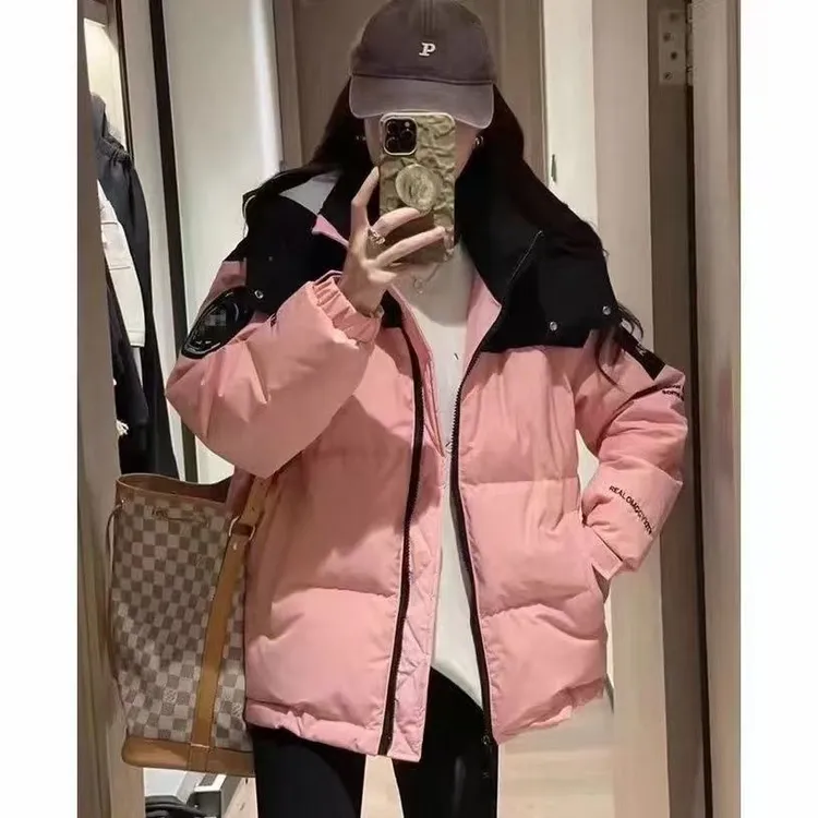 潮牌加厚撞色短款连帽棉服女秋冬2024新款欧货学生保暖外套