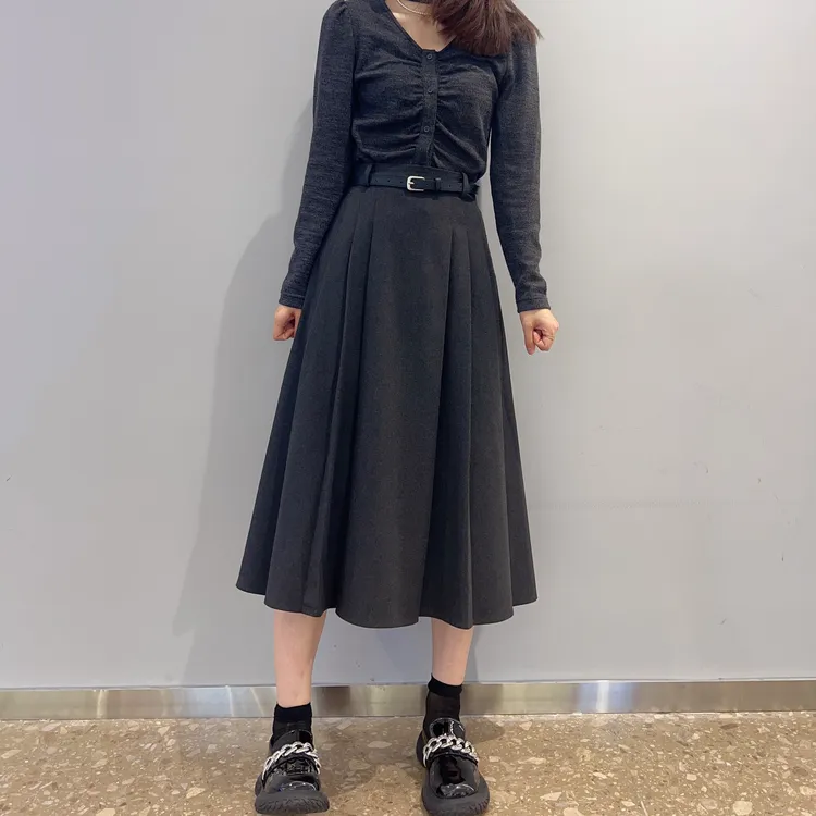 4D36百褶腰带半身裙冬装新款高腰显瘦半裙呢料压褶A字百搭中长裙