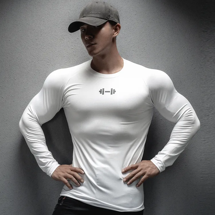 春秋健身训练紧身衣男长袖弹力速干体恤汗衫男士运动上衣显肌肉衫