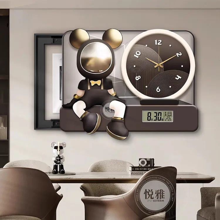 轻奢暴力熊电表箱装饰画免打孔带钟表万年历配电箱电闸盒遮挡挂画