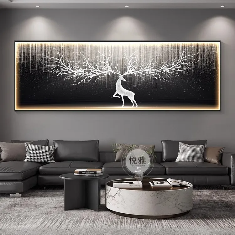 现代轻奢客厅装饰画高级感横版led灯画发光沙发背景墙挂画鹿壁画
