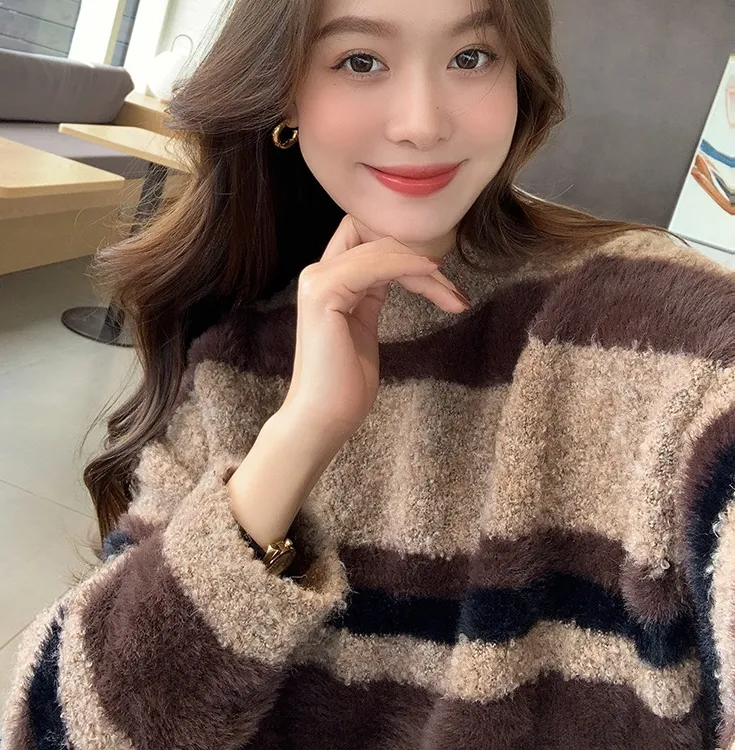 冬日慵懒风提拉米苏色系百搭宽松版毛衣针织衫打底外穿复古时尚