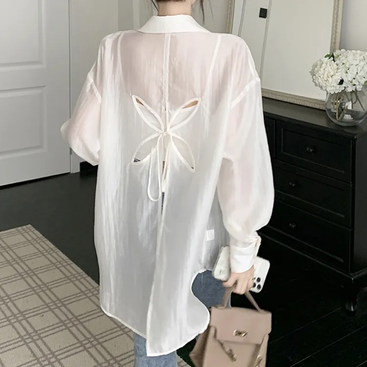 高级防晒衬衫夏季蝴蝶结气质后背镂空设计休闲上衣